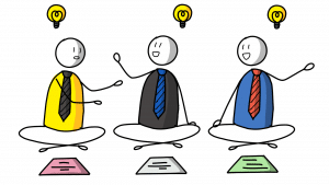 Three people brain storming with each other