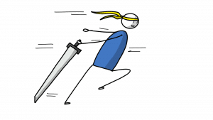 A guy in blue full of energy running with his sword