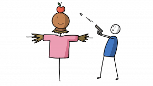 A guy in blue targeting the apple with a shooting gun