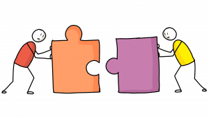 Two friends joining the puzzle together