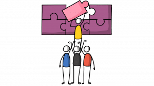 Four friends creating a puzzle together