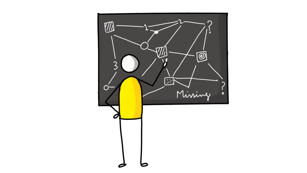 Guy in yellow creating visual note on black board